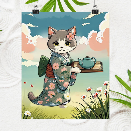 Kawaii Kimono Katze – Mattes Poster 🐾🌸