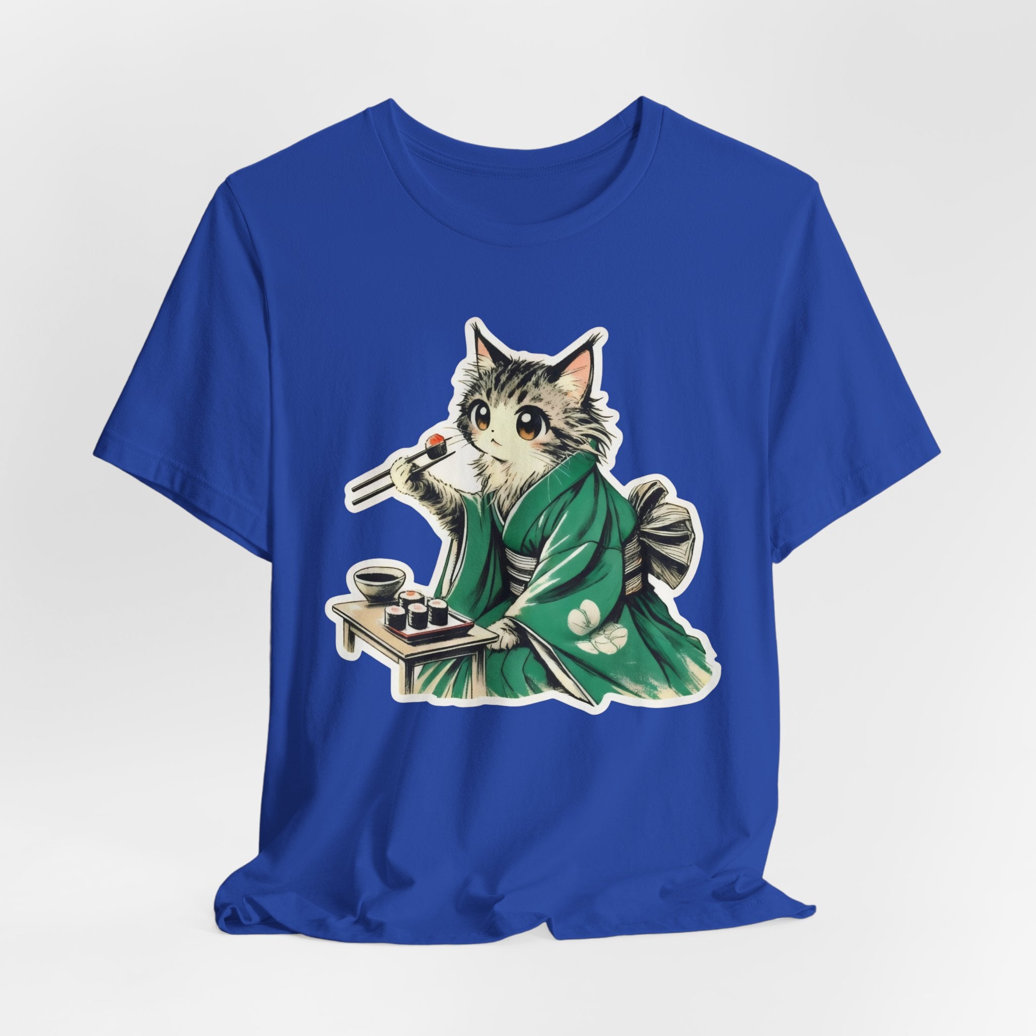 Kat Wearing Kimono Eating Sushi T-Shirt | Cute Japanese Cat Illustration