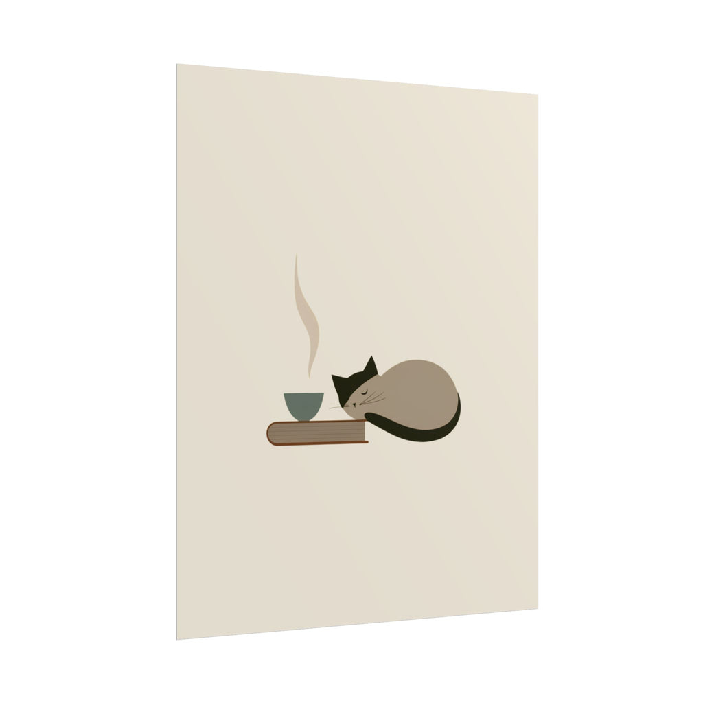 Minimalist Cat Nap Poster – Cozy Tea & Book Wall Art