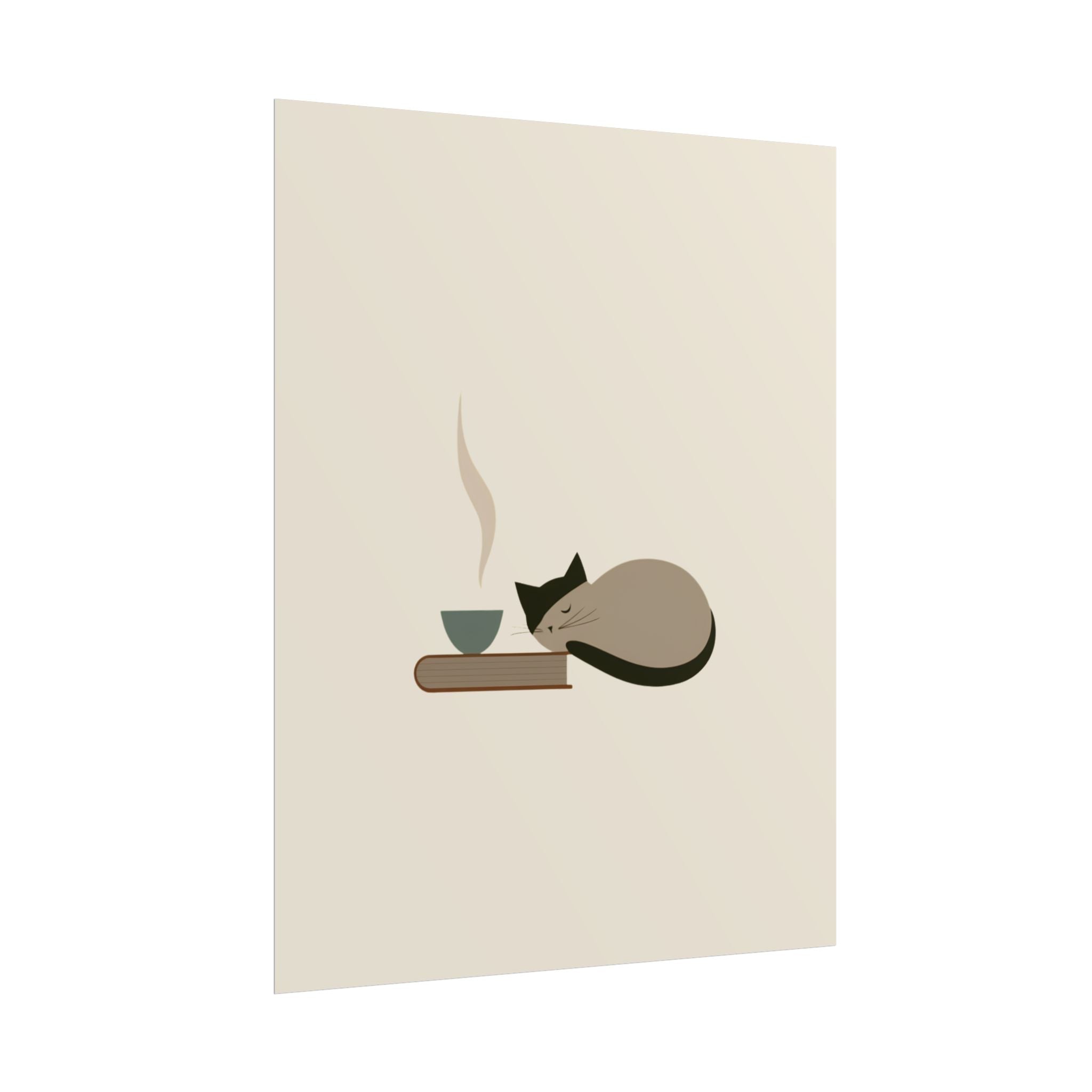 Minimalist Cat Nap Poster – Cozy Tea & Book Wall Art