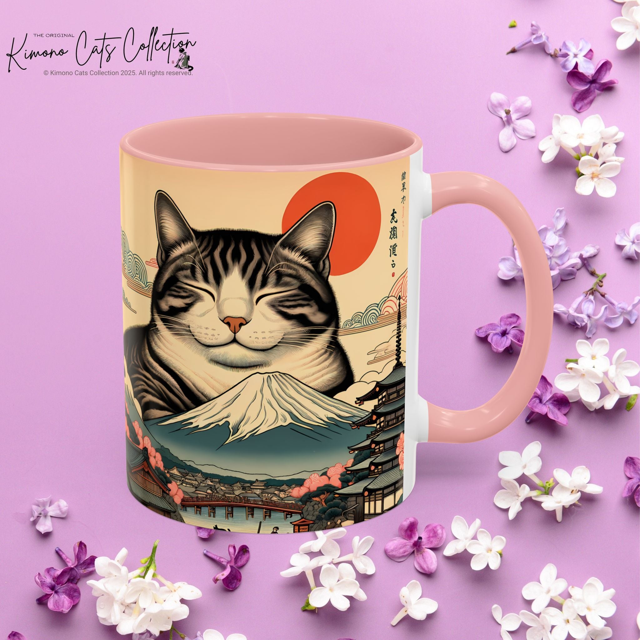 Japanese Fuji Cat Mug - Ukiyo-e Style Gift for Cat Lovers, Pet Mom Coffee Cup, Sleepy Neko Art Design