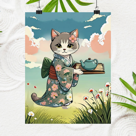 Kawaii Kimono Katze – Mattes Poster 🐾🌸