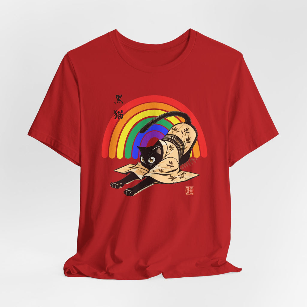 Rainbow Kuro Neko T-Shirt | Yoga Cat Shirt in Black Cat Kimono Design - Kimono Cats Collection