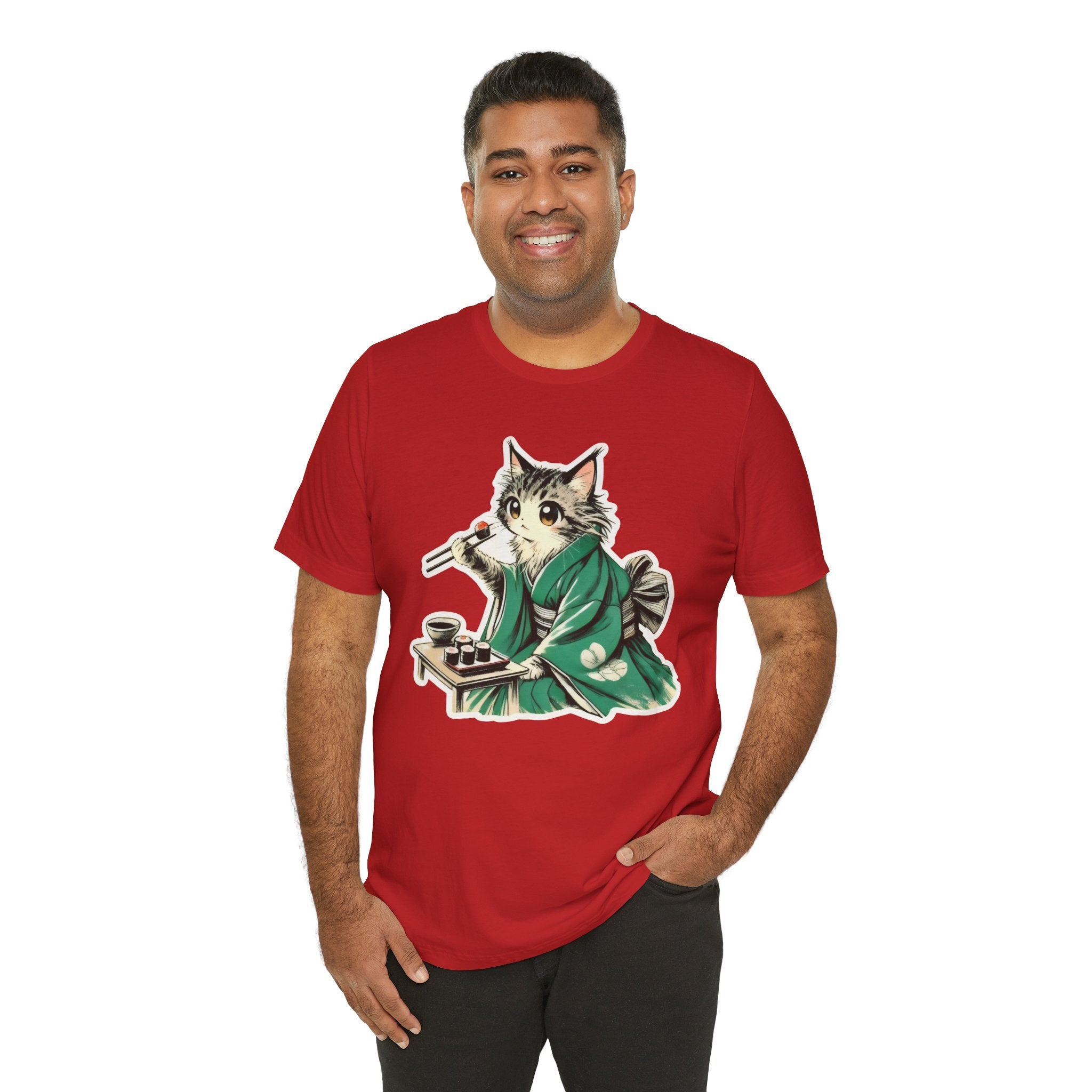 Kat Wearing Kimono T-Shirt - Cute Japanese Cat Illustration Enjoying Sushi - Kimono Cats Collection