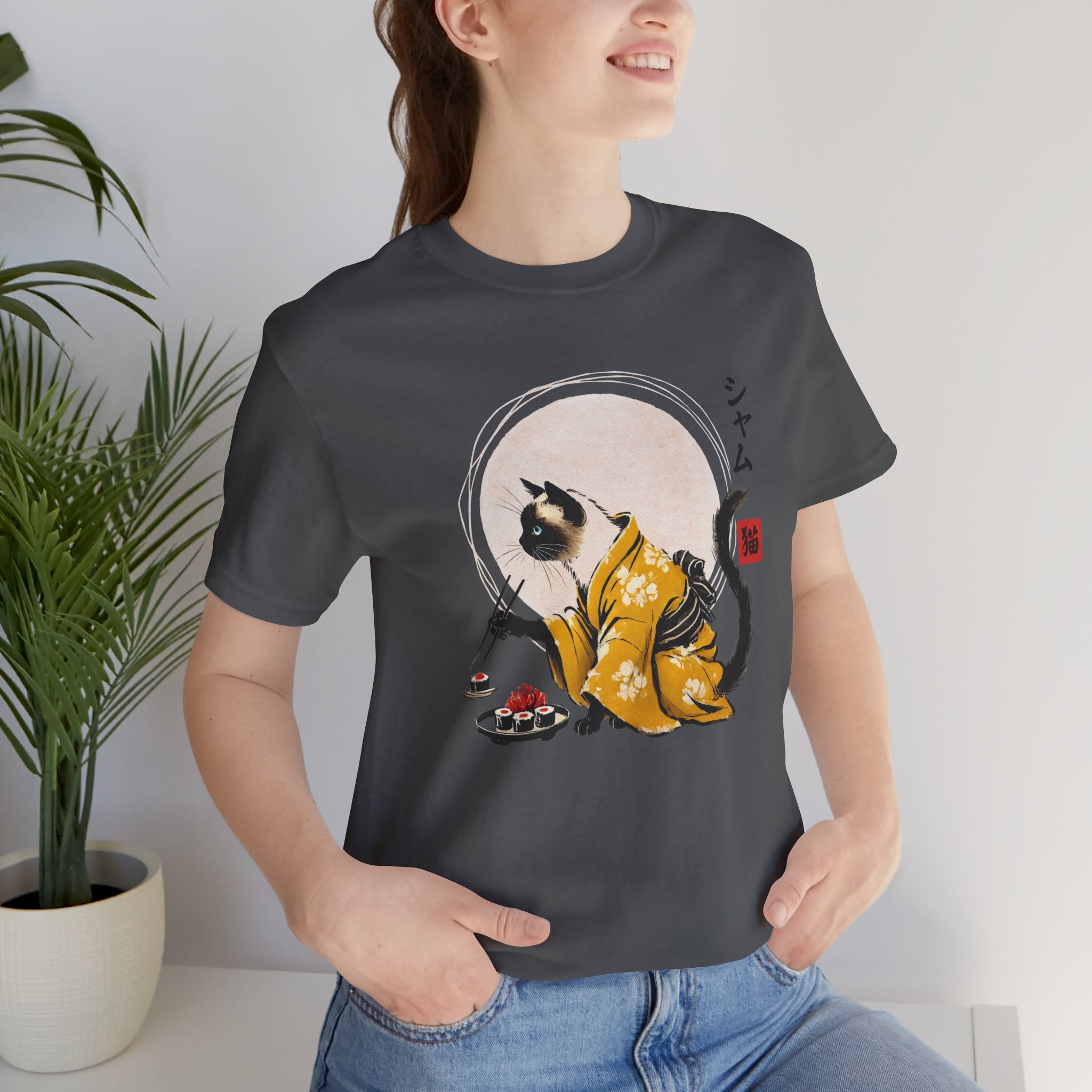 Siamese Cat Tee - Kimono Cat Eating Sushi T-Shirt, Japanese Neko