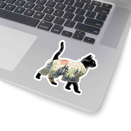 Black Cat Silhouette Sticker | Forest Double Exposure Kiss-Cut Sticker