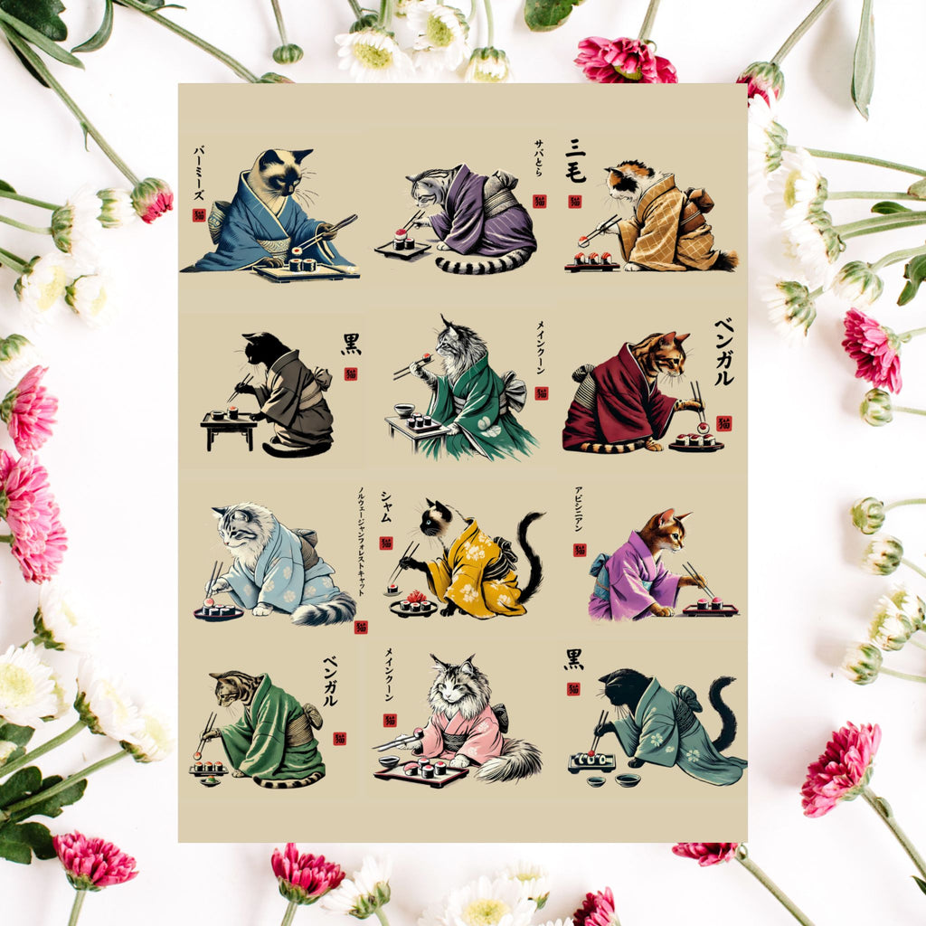 Sushi Cats Zen Poster, Minimalist Sumi-e Wall Art