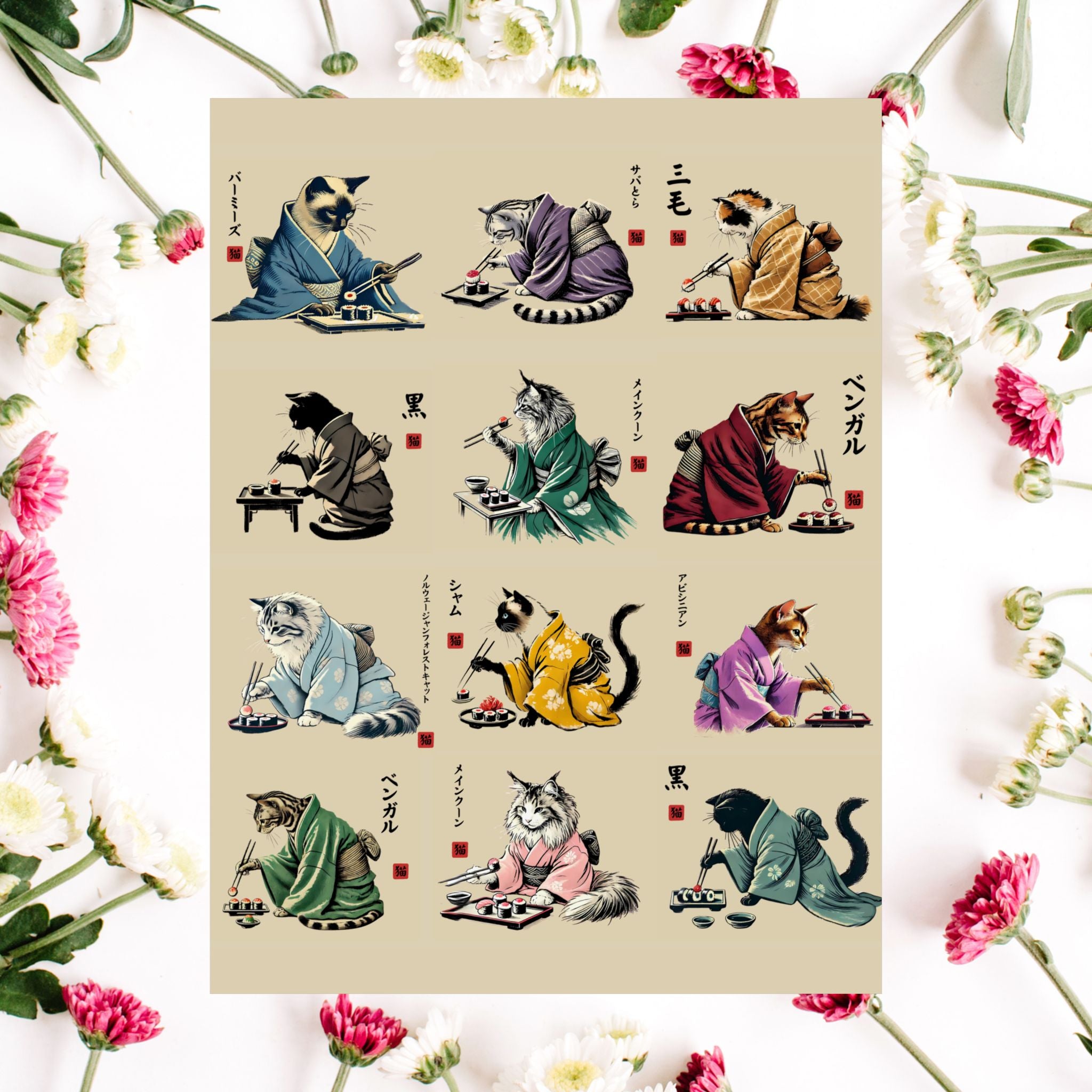 Sushi Cats Zen Poster, Minimalist Sumi-e Wall Art