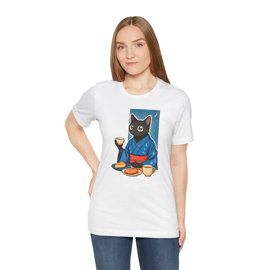 Midnight Tea Cat Shirt - Japanese Kimono Black Cat Tee | Cozy Night Aesthetic