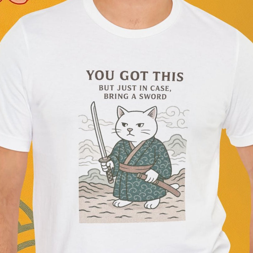 Man wearing a white t-shirt with a cat graphic and text against an orange background with floral and wave patterns.