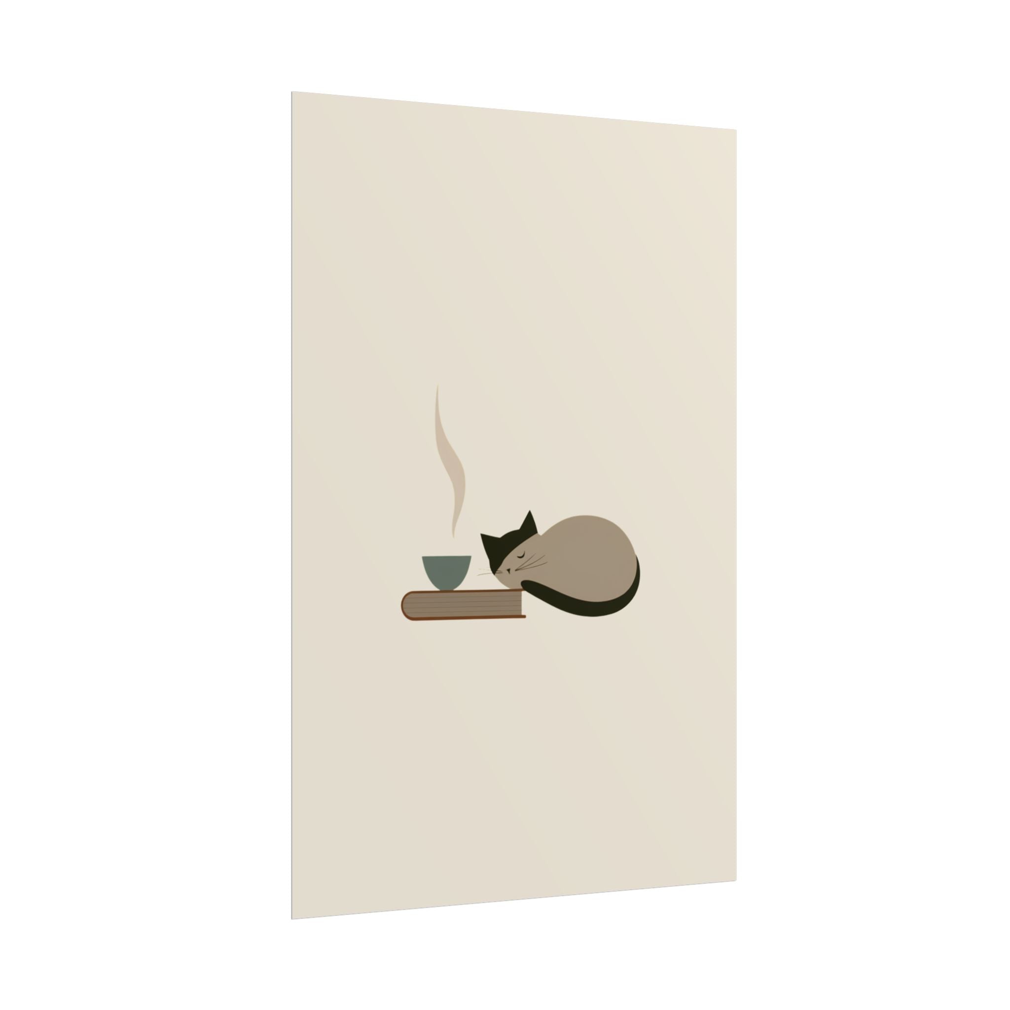 Minimalist Cat Nap Poster – Cozy Tea & Book Wall Art
