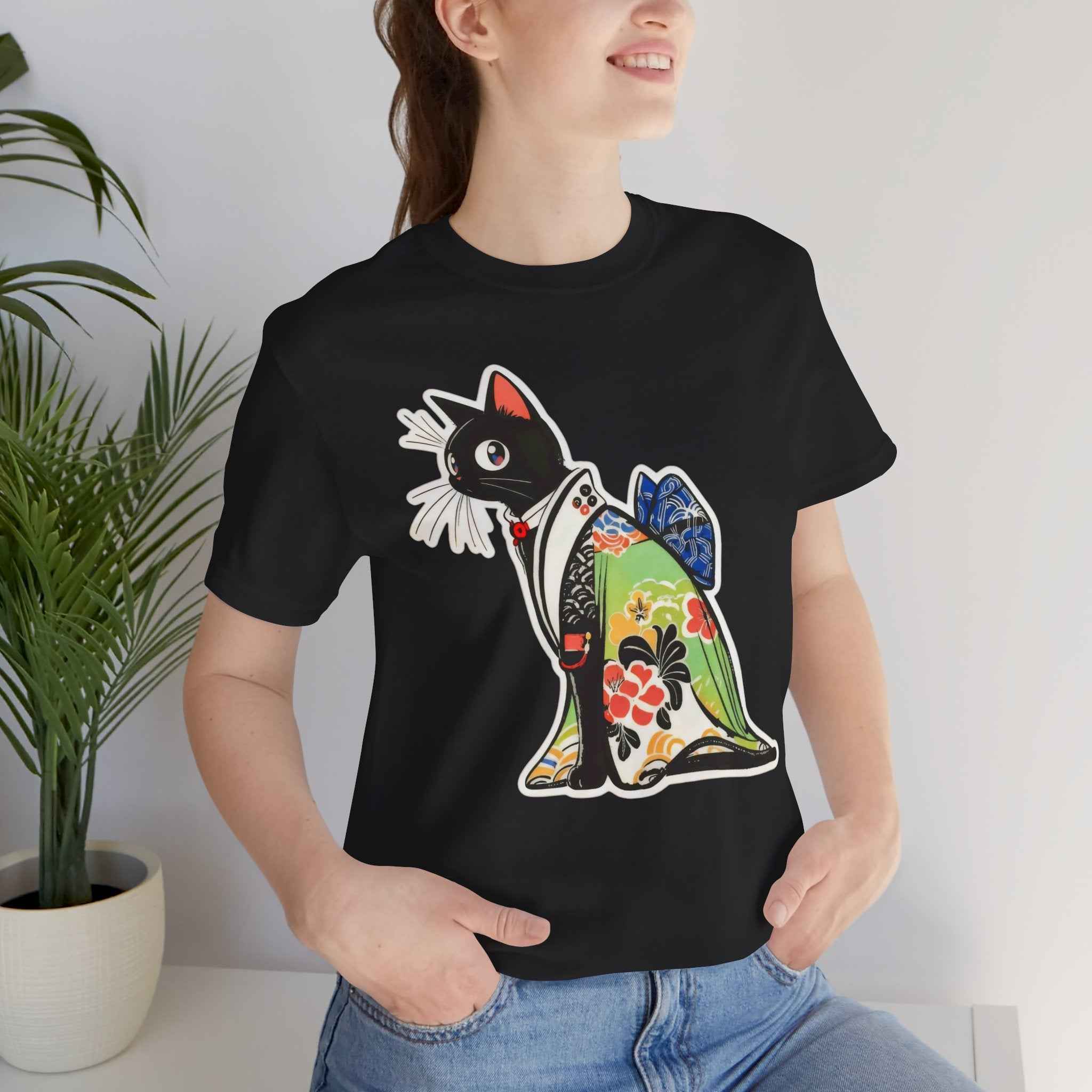 Cat Kimono T‑Shirt — Japanese Floral Black Cat Graphic Tee