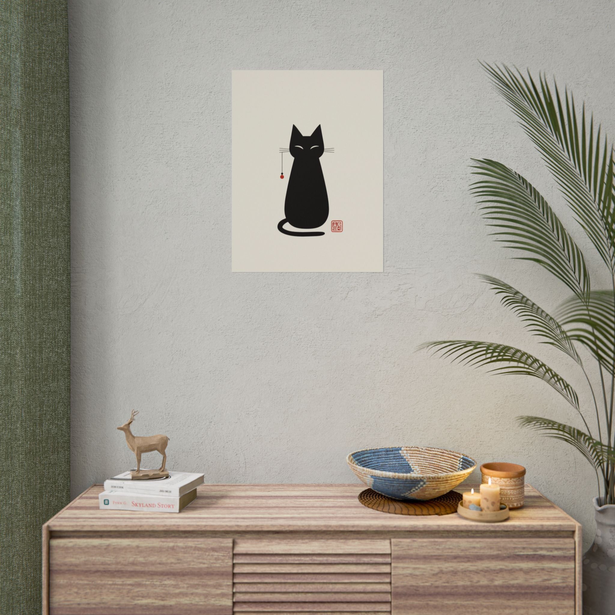 Minimal Black Cat Poster | Rolled Poster, Japanese Ink Style