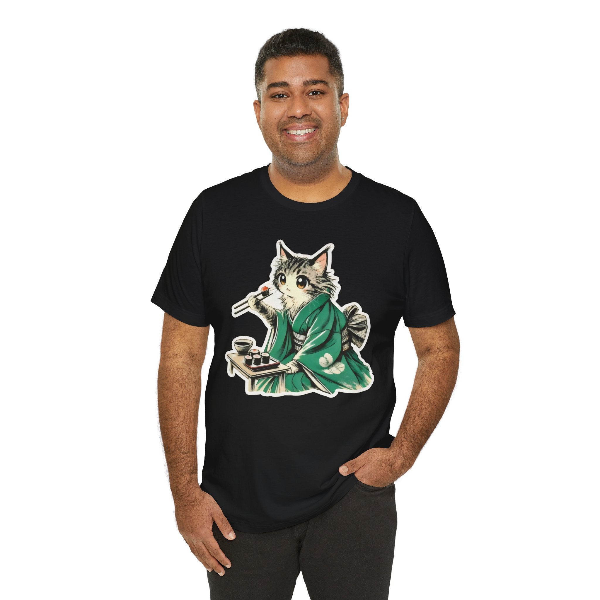 Kat Wearing Kimono T-Shirt - Cute Japanese Cat Illustration Enjoying Sushi - Kimono Cats Collection