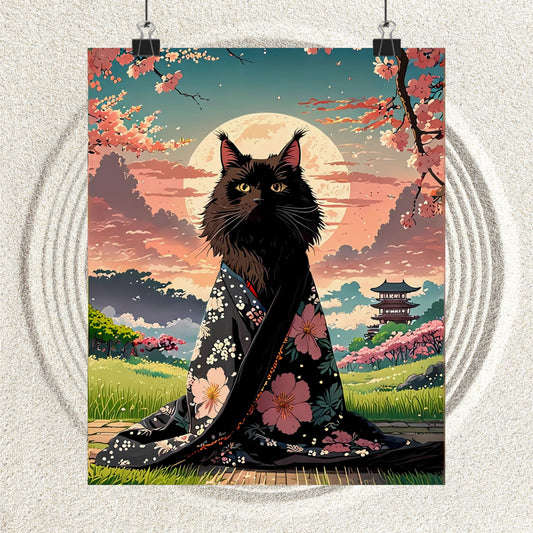 Schwarze Katze im Kimono im Mondlicht – Japanischer Kirschblüten-Kunstdruck 🐾🌸🌙