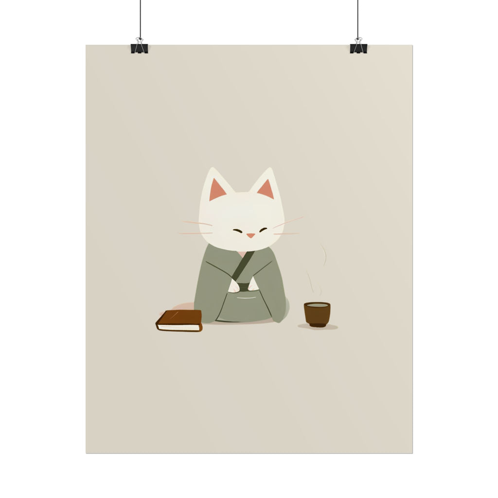 Zen Cat Poster – Minimalist Japanese Tea & Book Wall Art