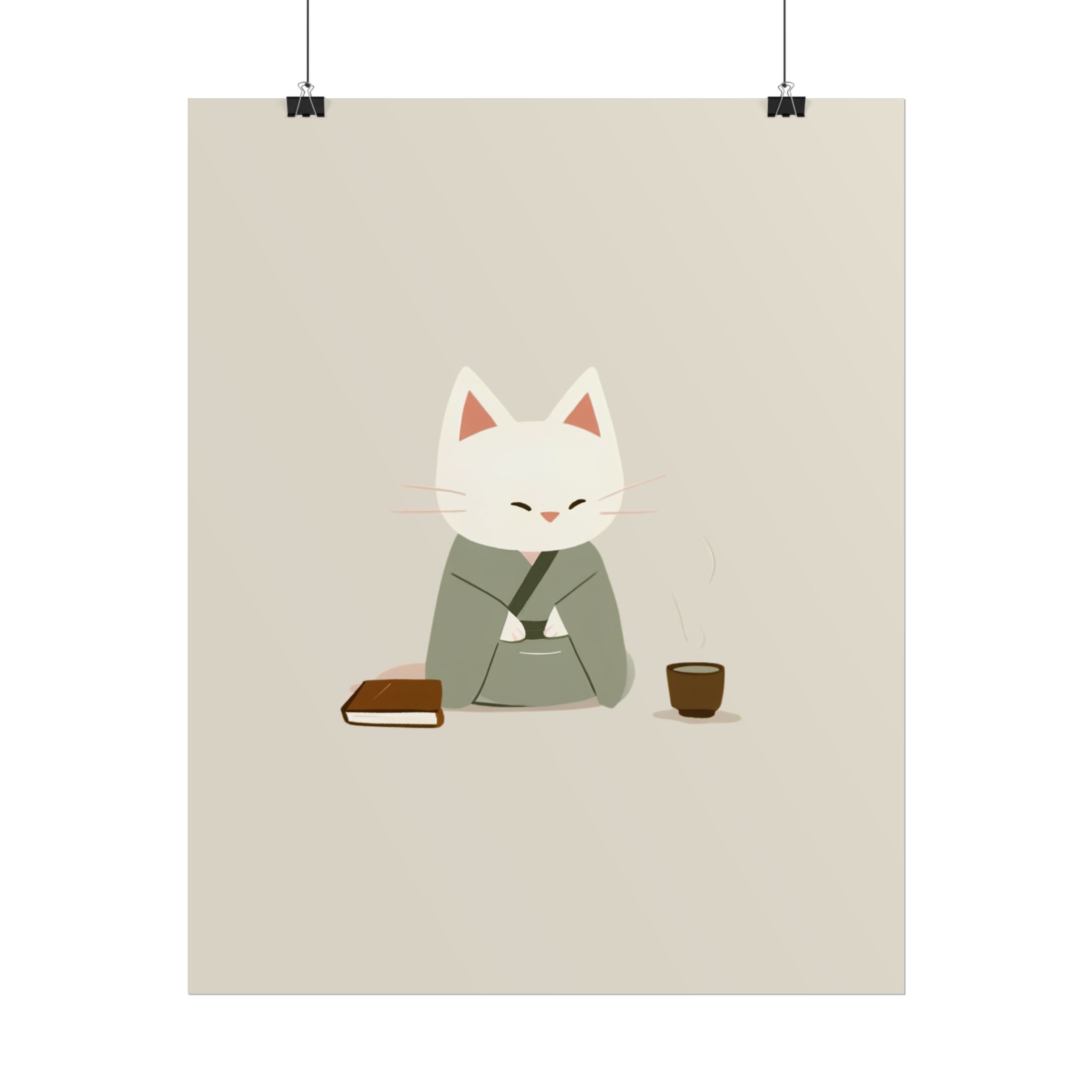 Zen Cat Poster – Minimalist Japanese Tea & Book Wall Art
