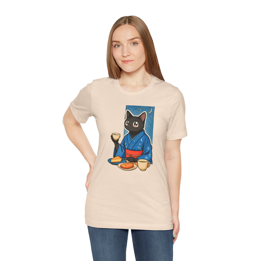 Midnight Tea Cat Shirt - Japanese Kimono Black Cat Tee | Cozy Night Aesthetic