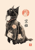 Cat in a kimono with Japanese text and a red stamp on a beige background