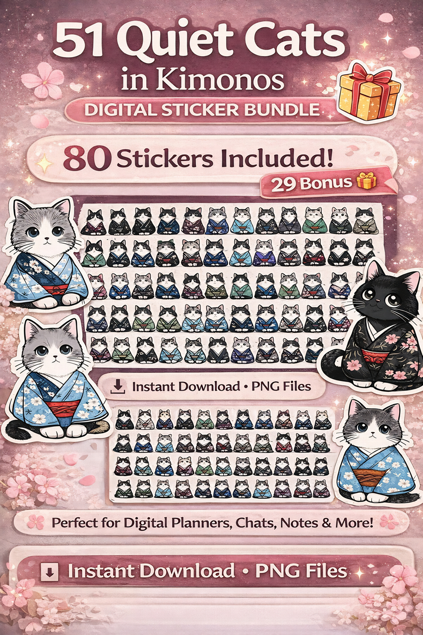 51 Quiet Cats in Kimonos – Digital Sticker Bundle (+ Bonus!)