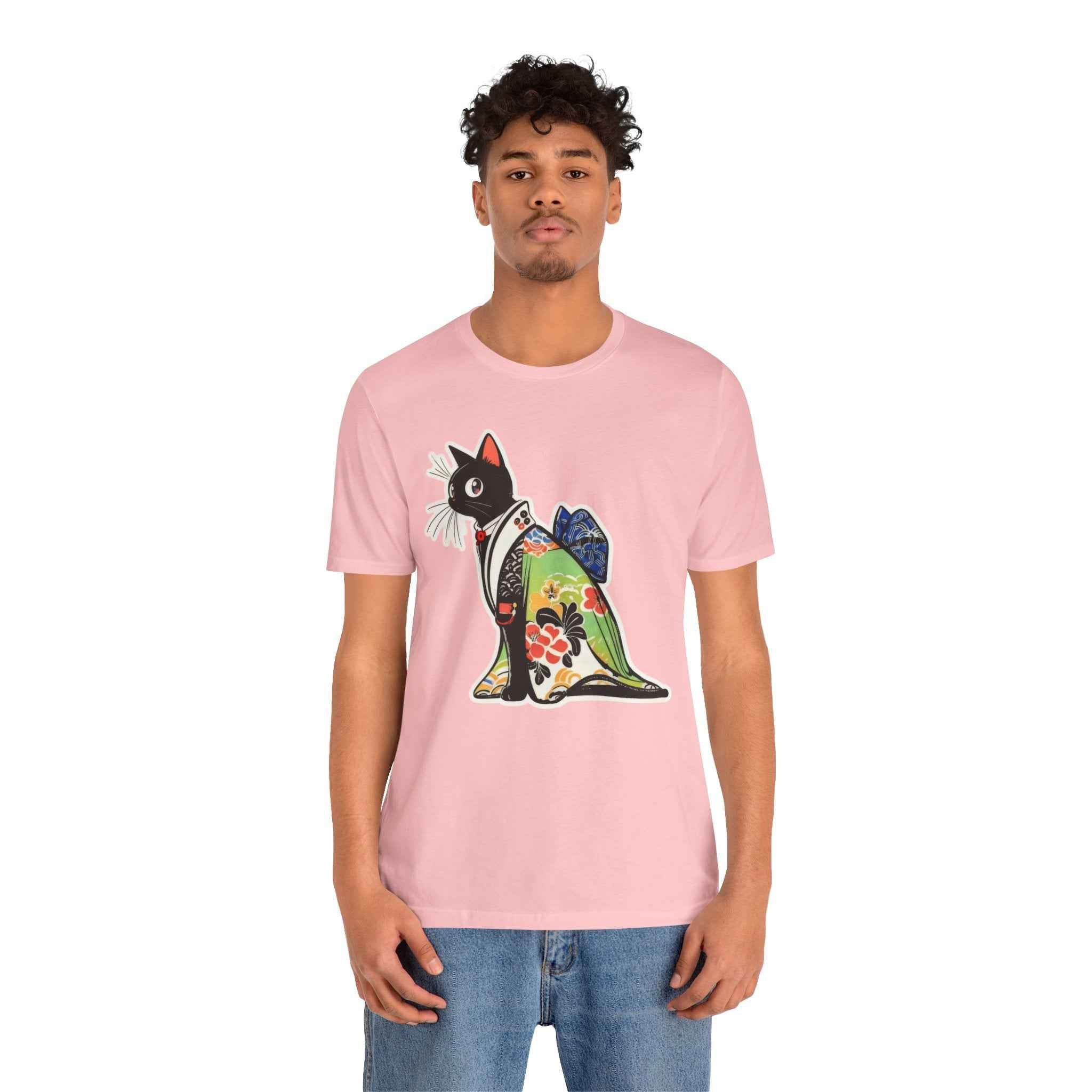 Cat Kimono T‑Shirt — Japanese Floral Black Cat Graphic Tee