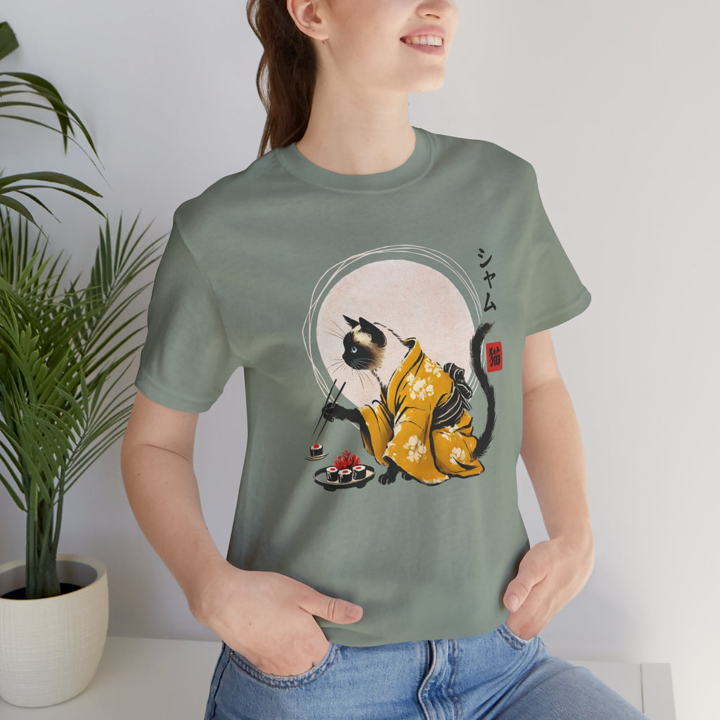 Siamese Cat Tee - Kimono Cat Eating Sushi T-Shirt, Japanese Neko