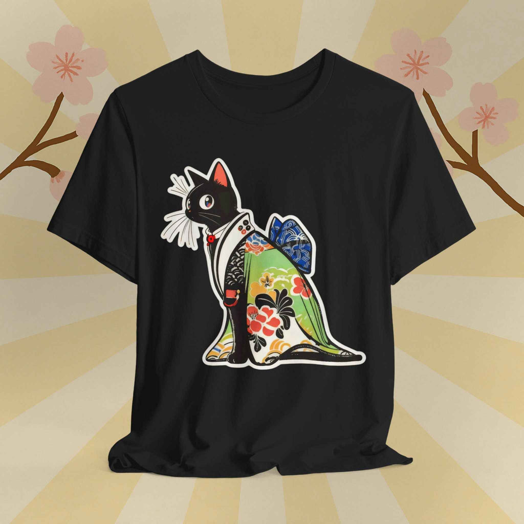 Cat Kimono T‑Shirt — Japanese Floral Black Cat Graphic Tee