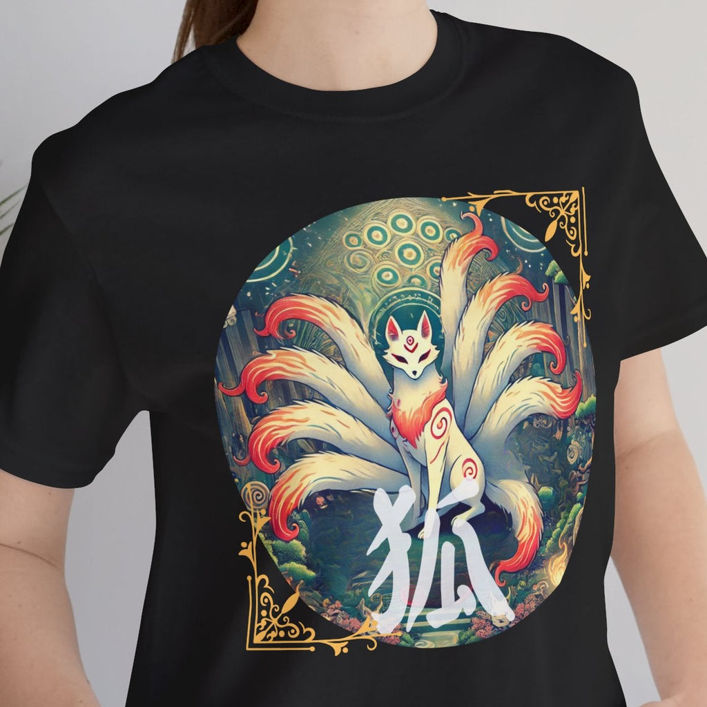 Person wearing a black t-shirt with a colorful fox design and Japanese text.