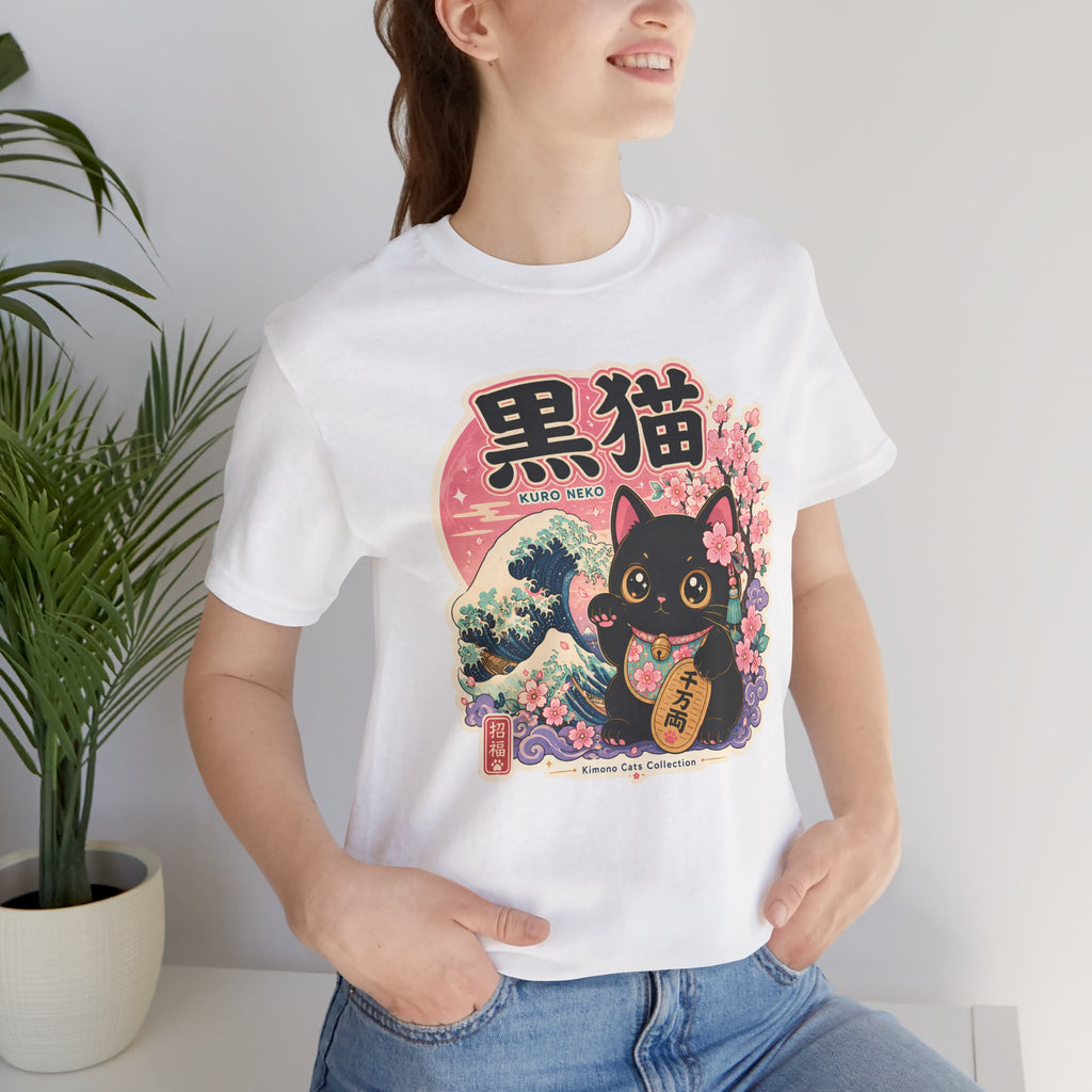 Maneki Neko Black Cat Tee | Japanese Lucky Cat, Sakura Waves Graphic Shirt