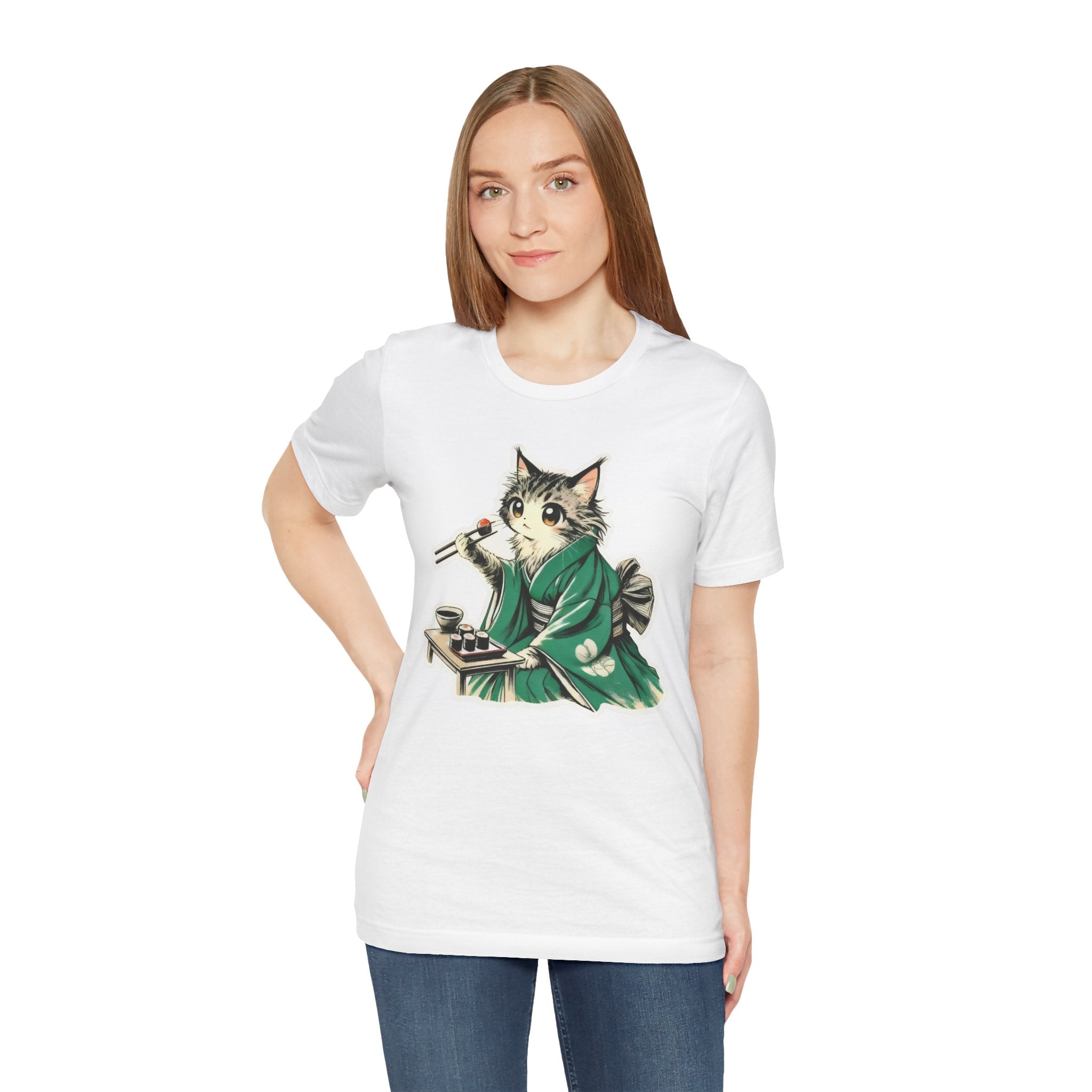Kat Wearing Kimono Eating Sushi T-Shirt | Cute Japanese Cat Illustration