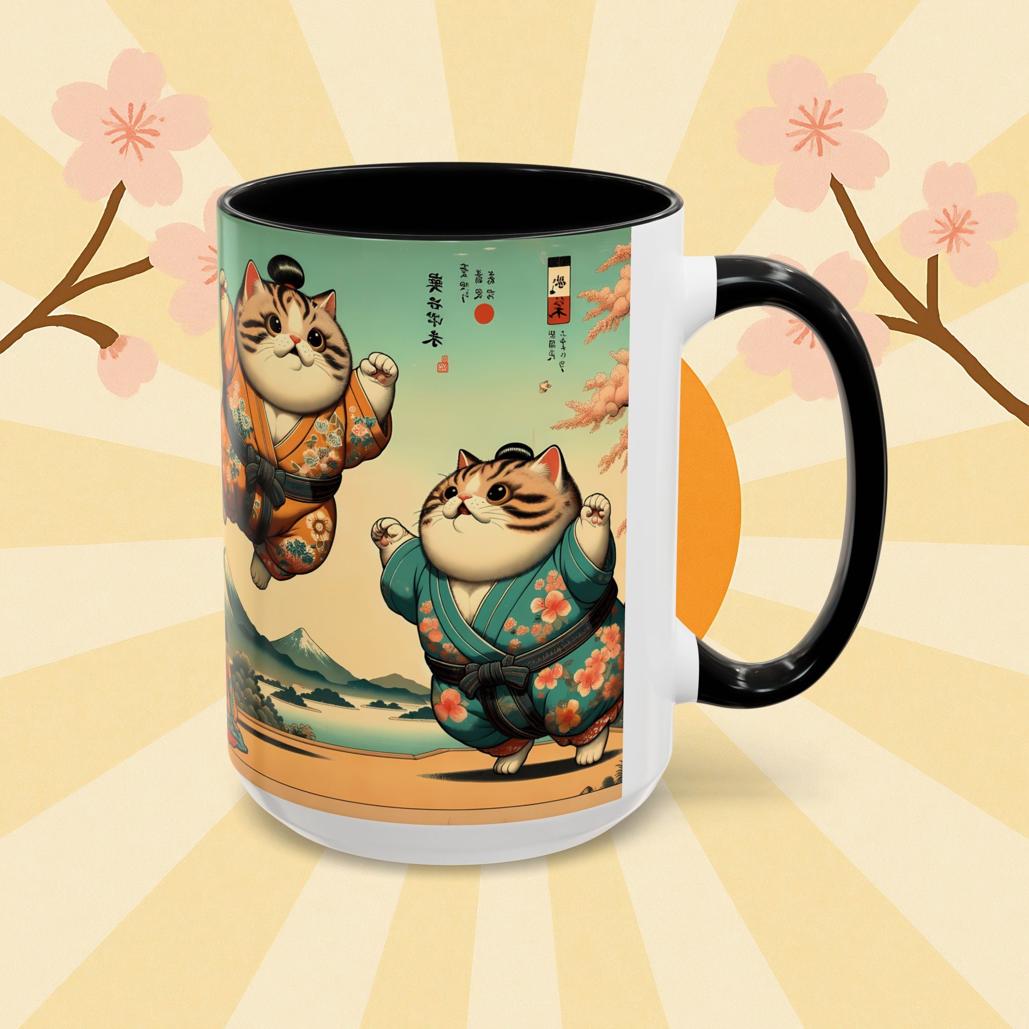 Sumo Cats Mug with Japanese Cherry Blossoms Design - Kimono Cats Collection