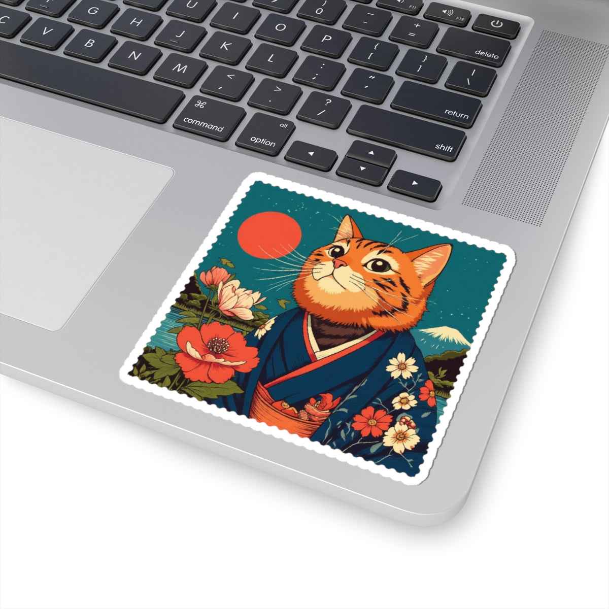 Samurai Cat Illustration Kiss-Cut Sticker | Vintage Japanese Floral Design