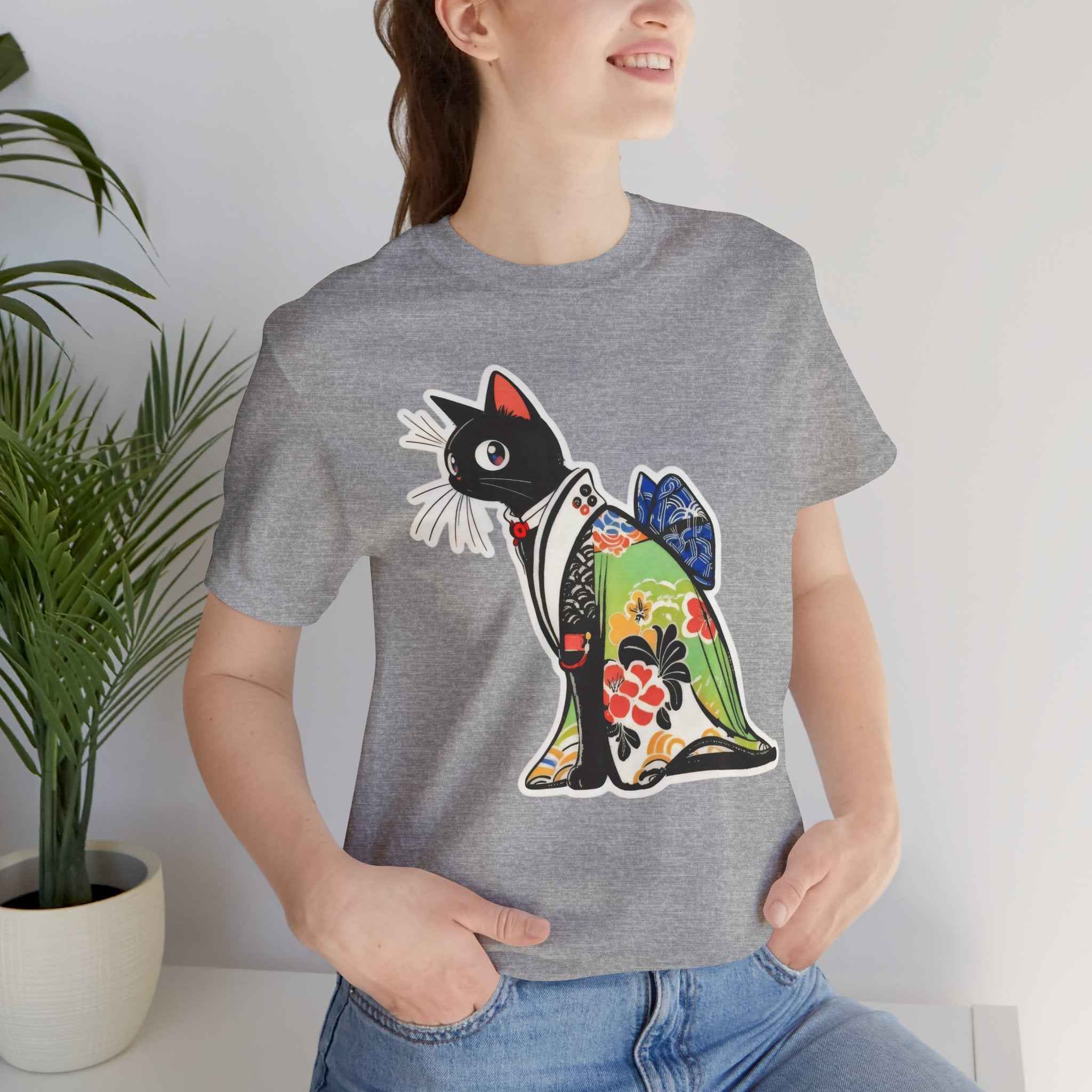 Cat Kimono T‑Shirt — Japanese Floral Black Cat Graphic Tee