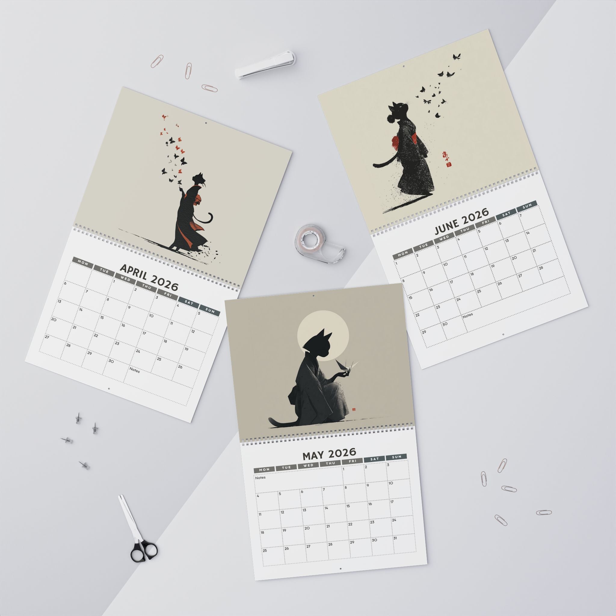 Origami Cats in Kimonos 2026 Wall Calendar