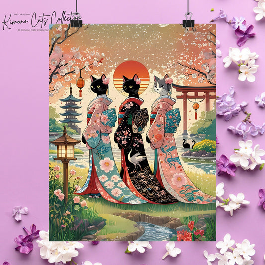 Kunstdruck „Geisha-Katzen“ – Elegante und skurrile Wanddekoration 🐾🎎