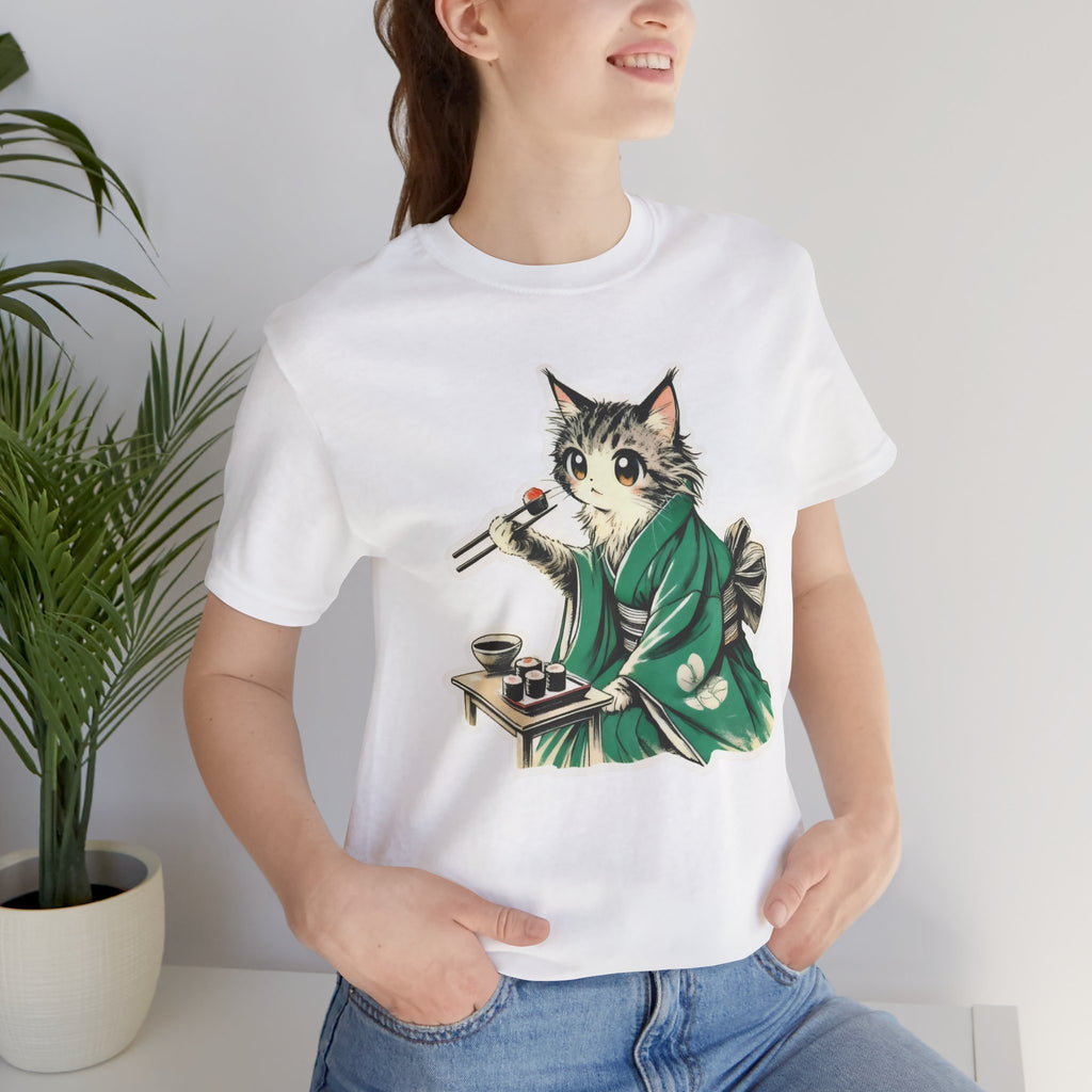 Kat Wearing Kimono Eating Sushi T-Shirt | Cute Japanese Cat Illustration