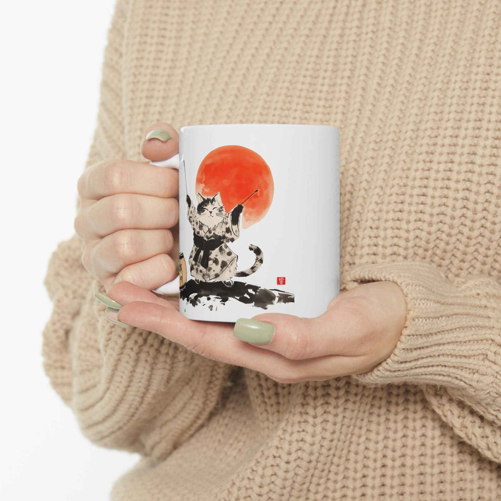 Japanese Sumi-e Taiko Cat & Red Sun Coffee Mug (11oz/15oz)