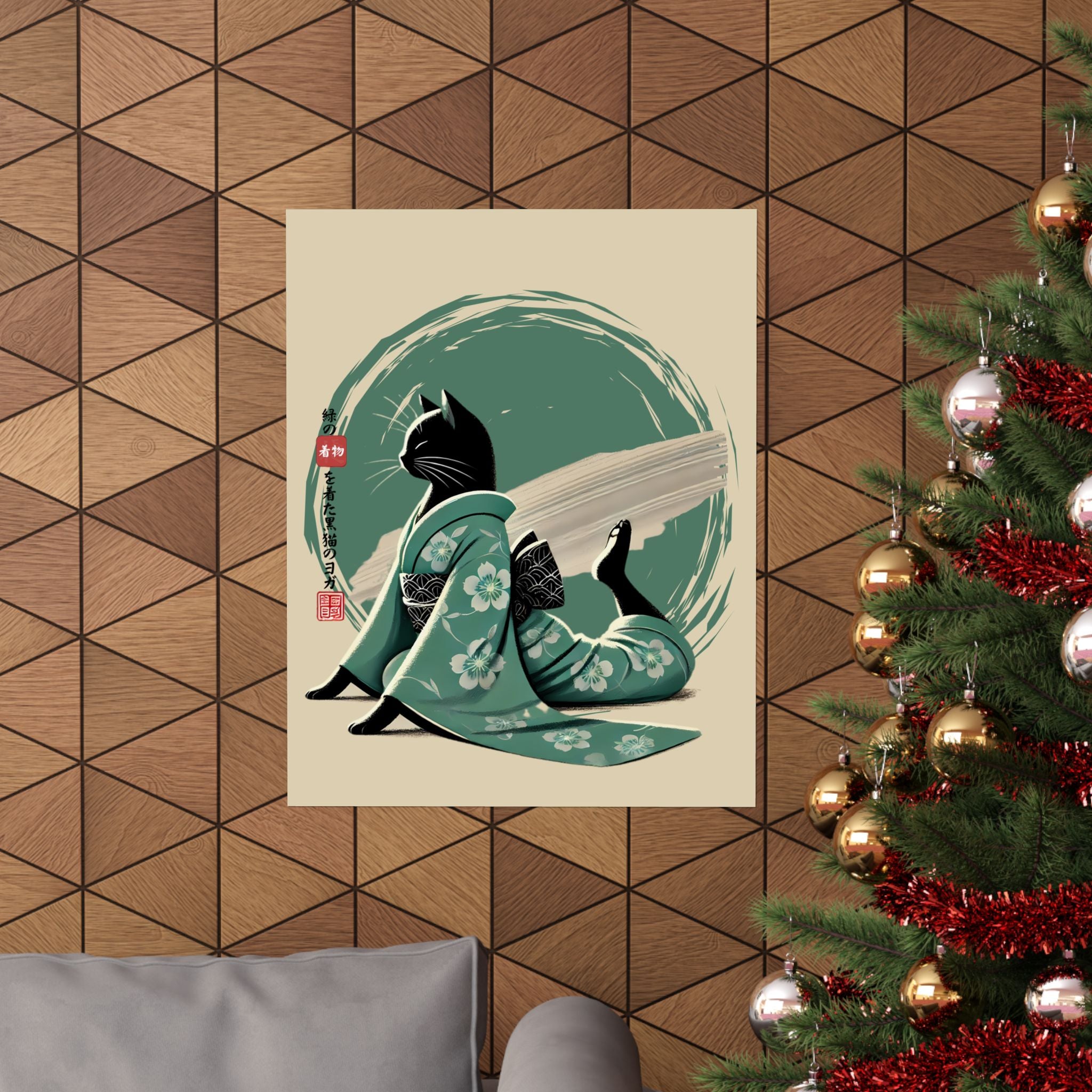 Yoga Black Cat in Green Kimono - Japanese Art Print