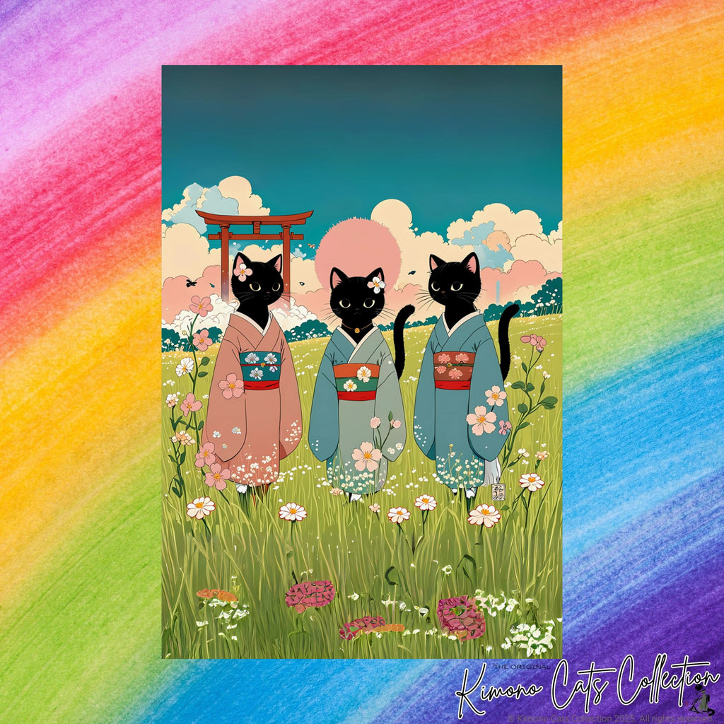 Three Black Cats in Kimonos – Wall Art 🐾🌸