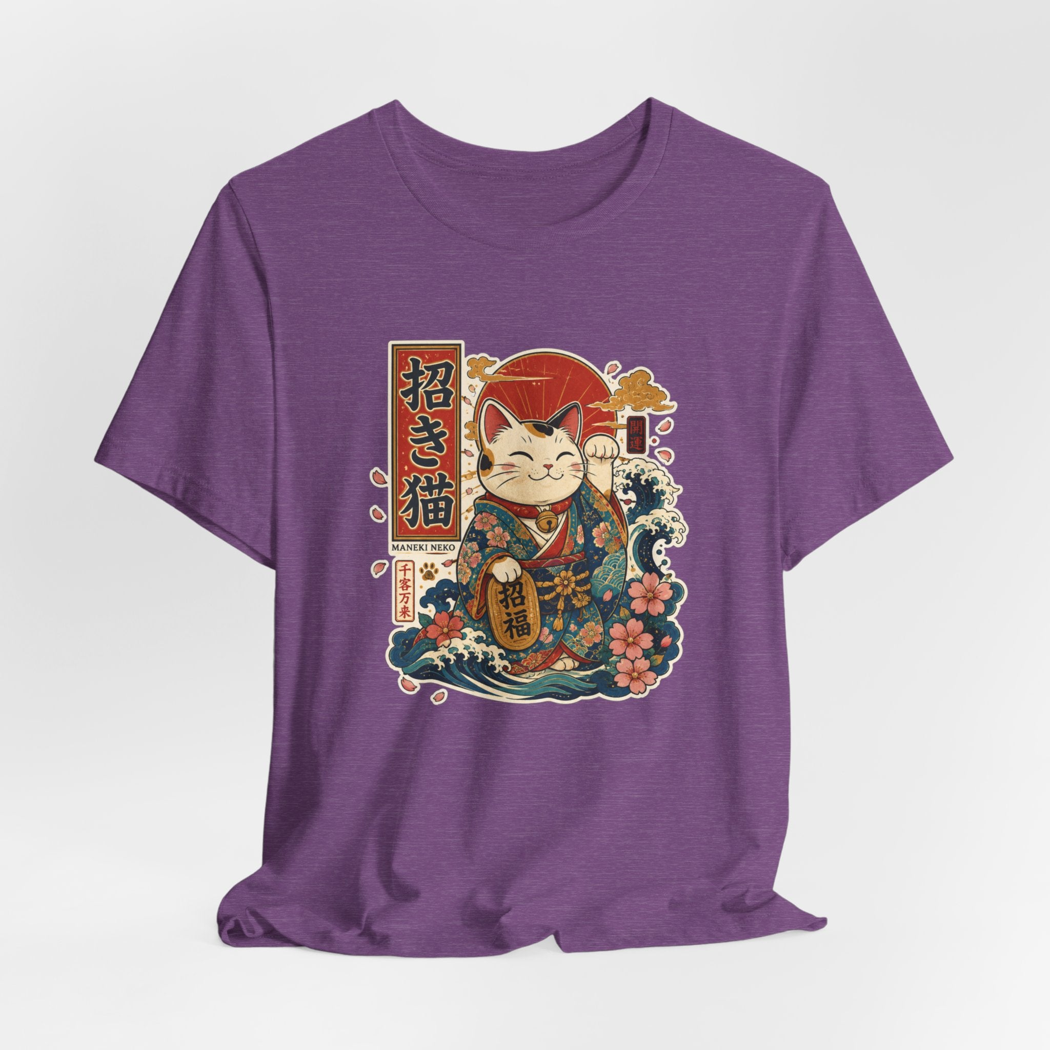 Maneki Neko Lucky Cat T-Shirt — Japanese Wave & Floral Good Fortune Tee