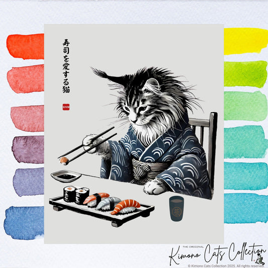 Kunstdruck „Sushi-Katze“ – japanische Sumi-e-Maine-Coon-Wanddekoration
