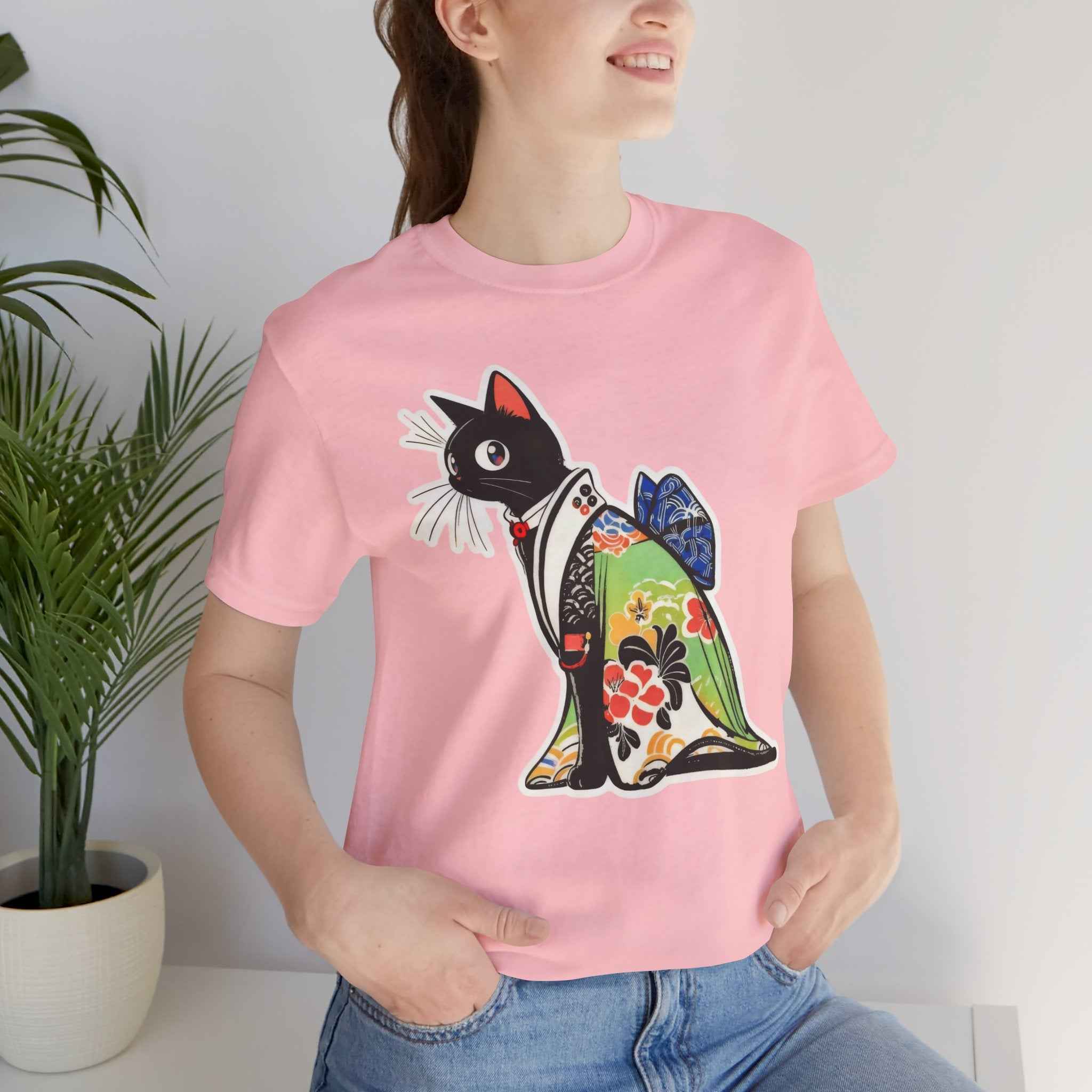 Cat Kimono T‑Shirt — Japanese Floral Black Cat Graphic Tee