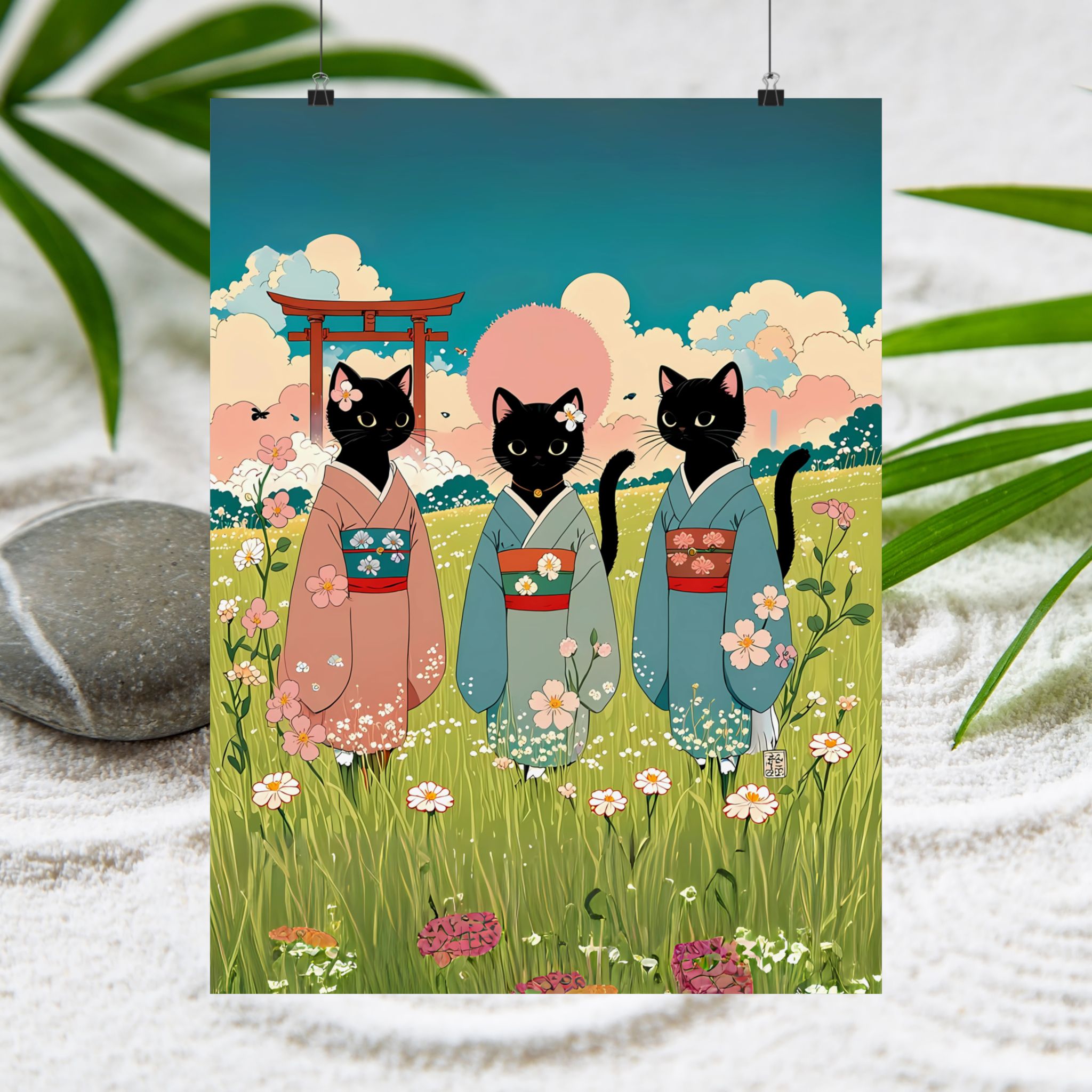 Three Black Cats in Kimonos – Wall Art 🐾🌸