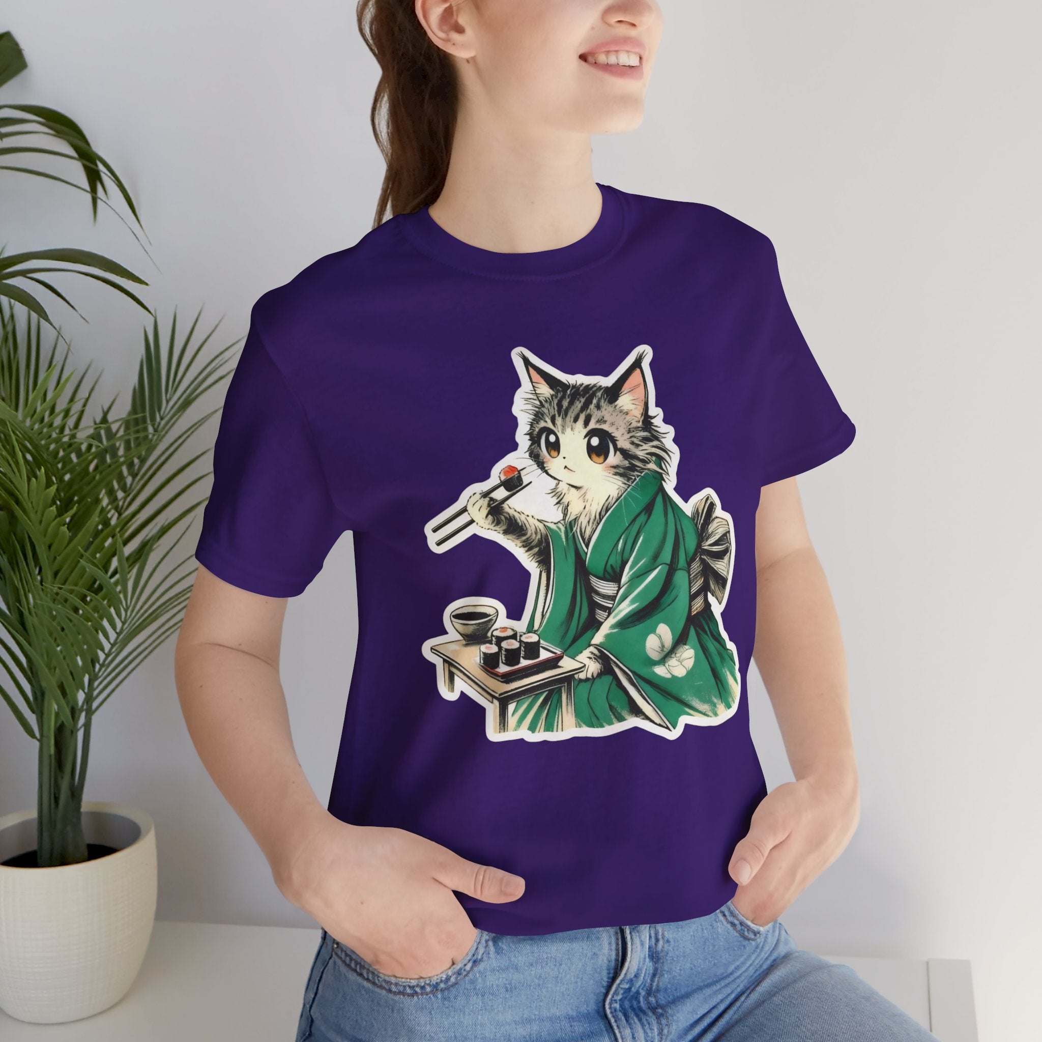 Kat Wearing Kimono Eating Sushi T-Shirt | Cute Japanese Cat Illustration