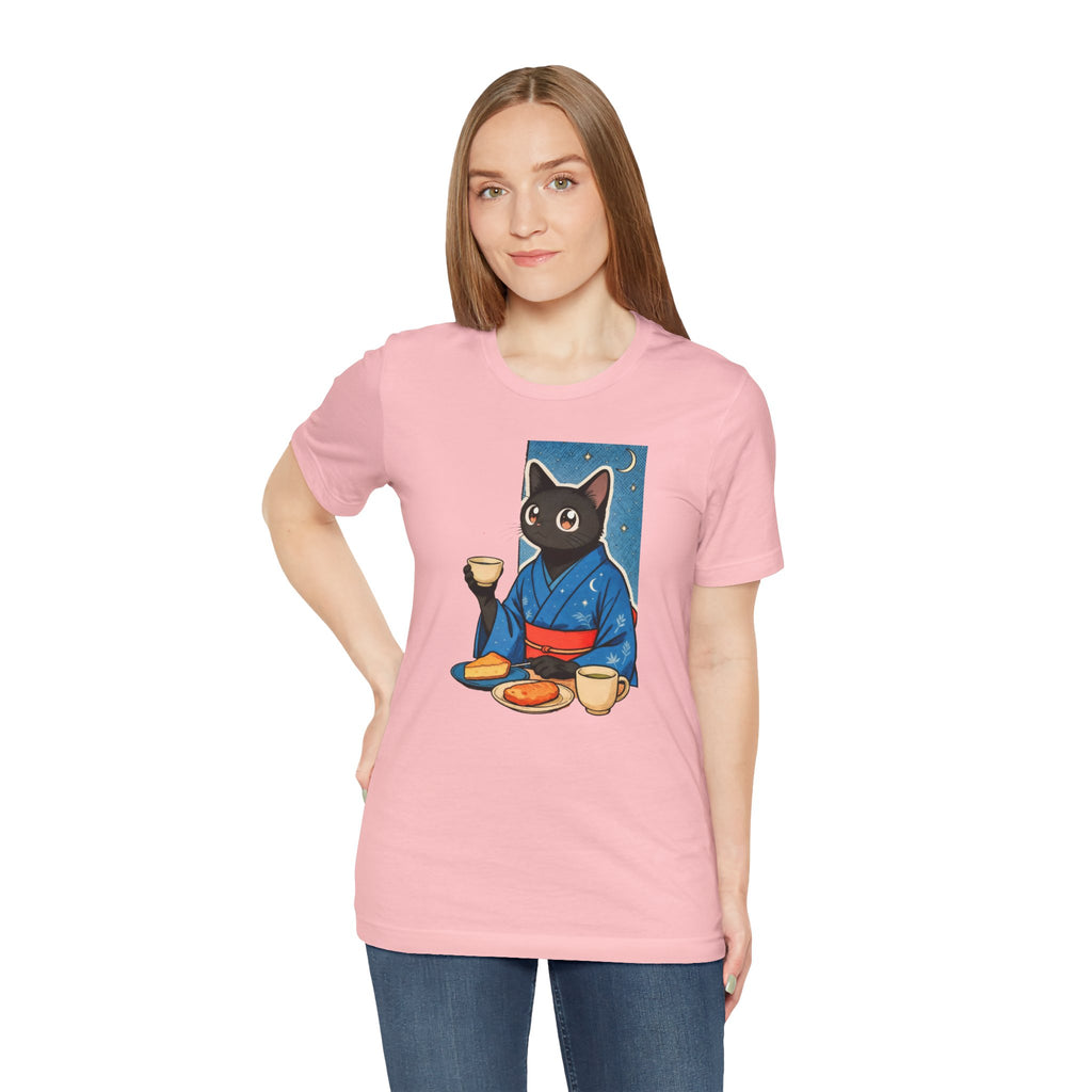 Midnight Tea Cat Shirt - Japanese Kimono Black Cat Tee | Cozy Night Aesthetic