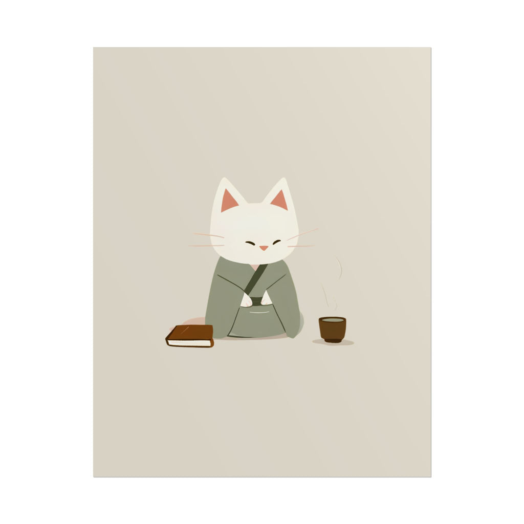Zen Cat Poster – Minimalist Japanese Tea & Book Wall Art