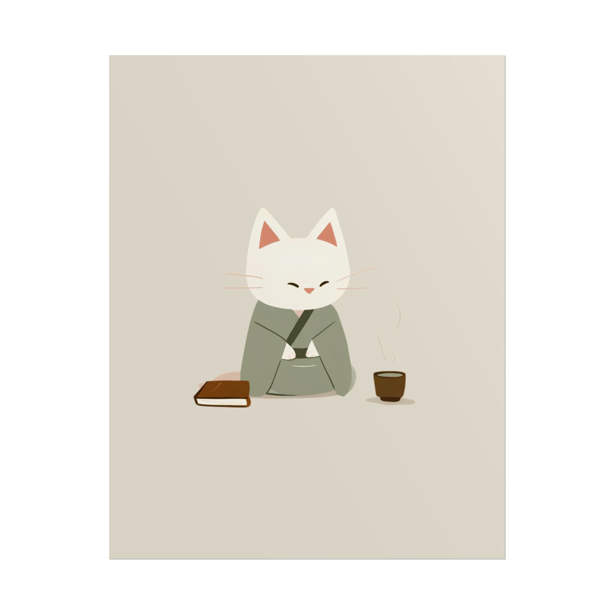 Zen Cat Poster – Minimalist Japanese Tea & Book Wall Art
