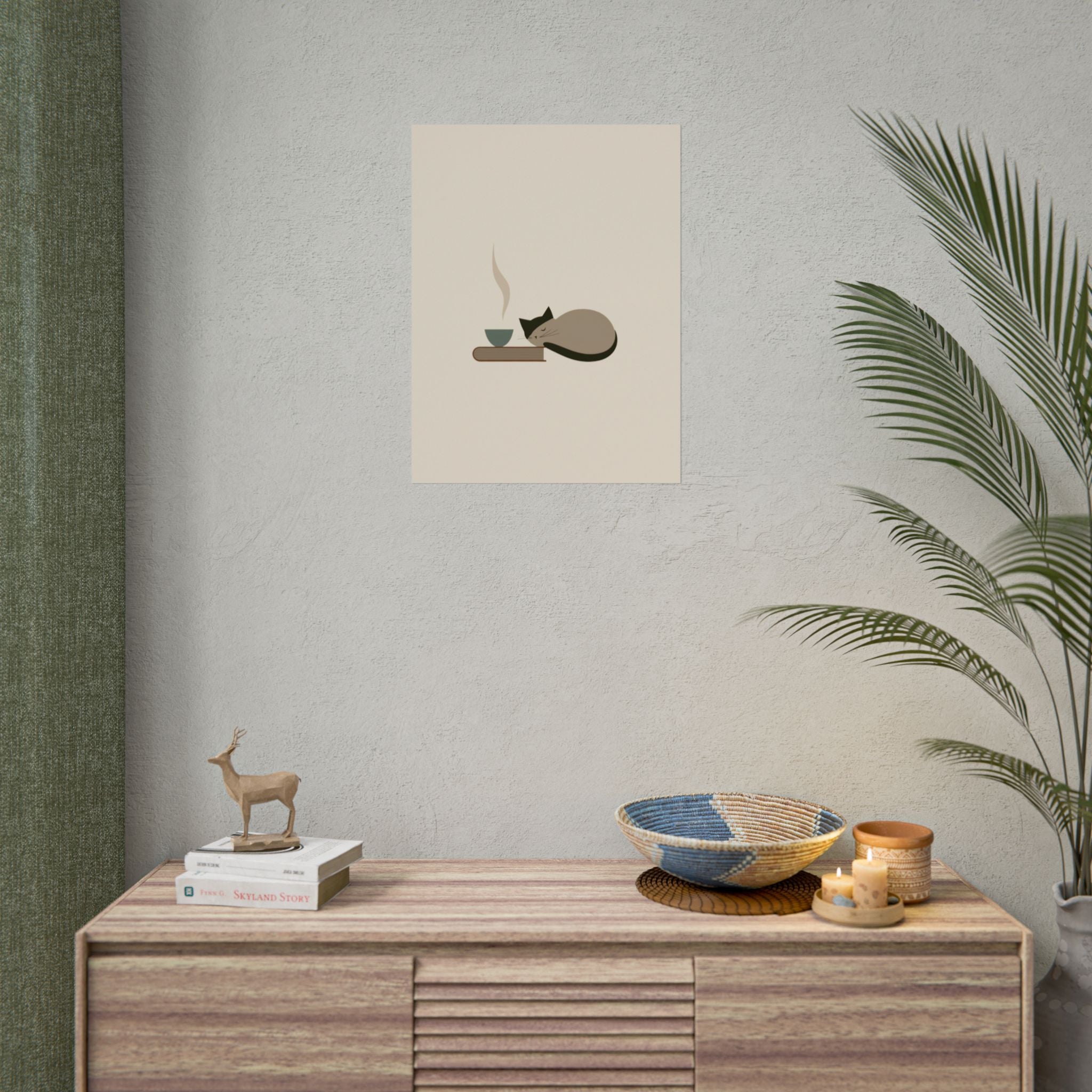 Sleeping Cat with Tea Rolled Poster | Minimal Cozy Wall Art