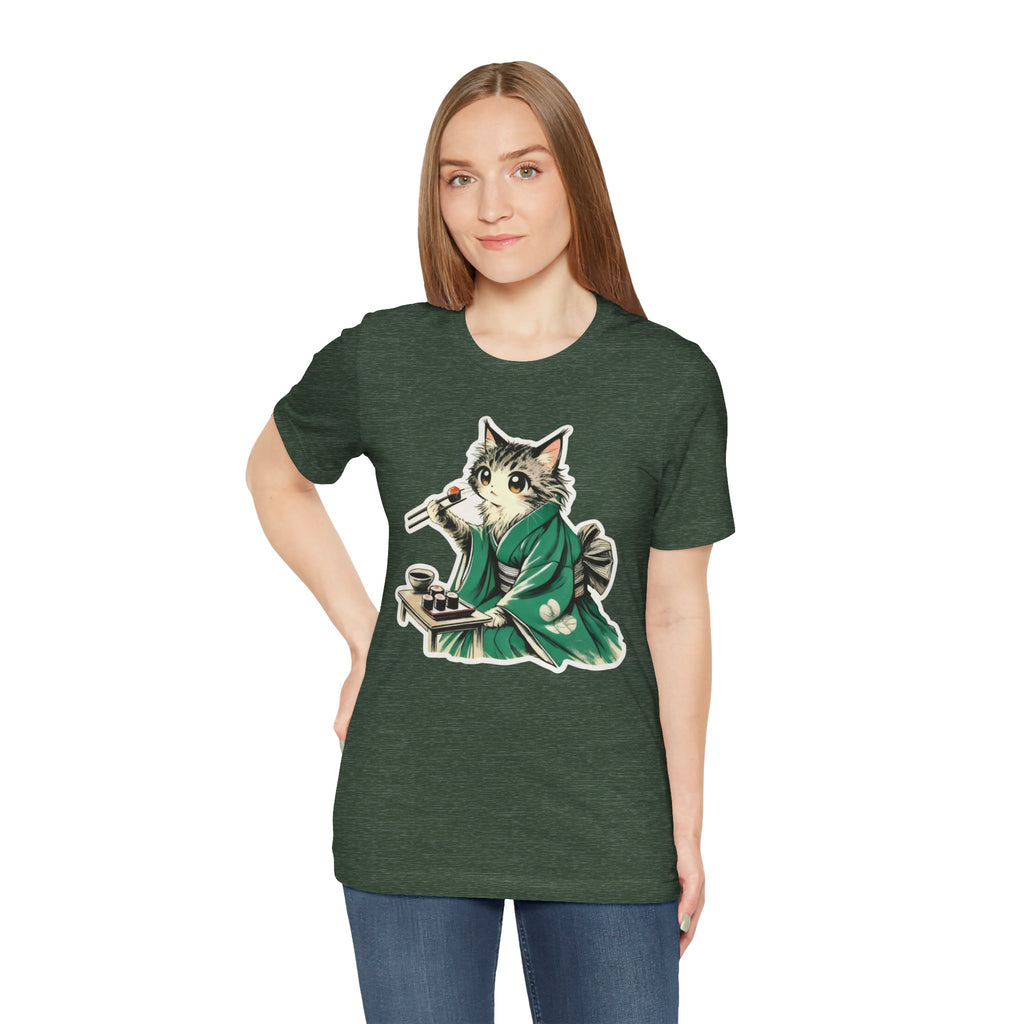 Kat Wearing Kimono Eating Sushi T-Shirt | Cute Japanese Cat Illustration