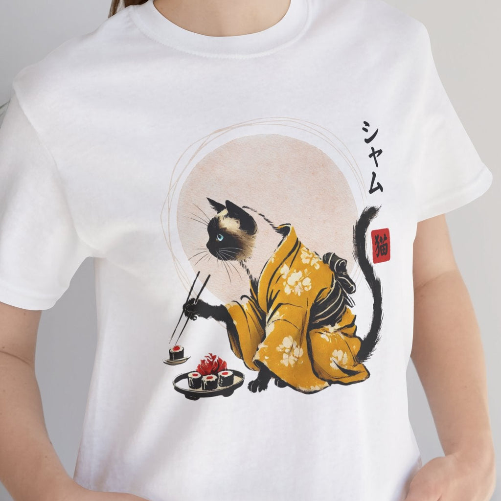 Person wearing a white t-shirt with a graphic design of a cat in a kimono.